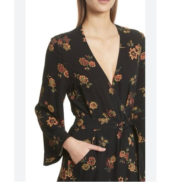 A.L.C Wilma Floral Silk Kimono Mini Dress In Black Floral Long Sleeve Sz 6